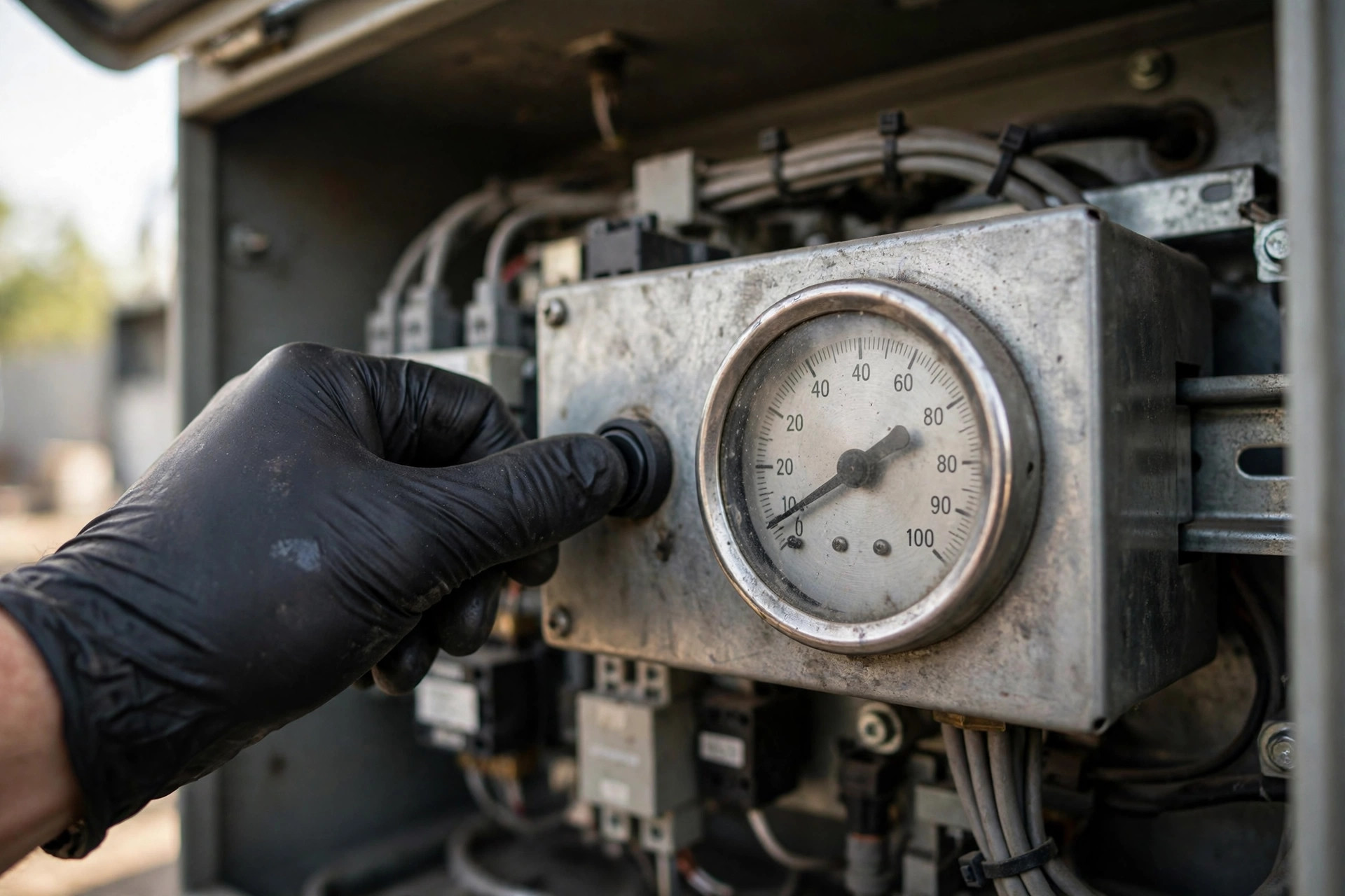 A technician's gloved hand on the pre-lube push-button of a diesel generator control cabinet, oil pressure gauge reading zero — pressure should climb before the starter engages, not after