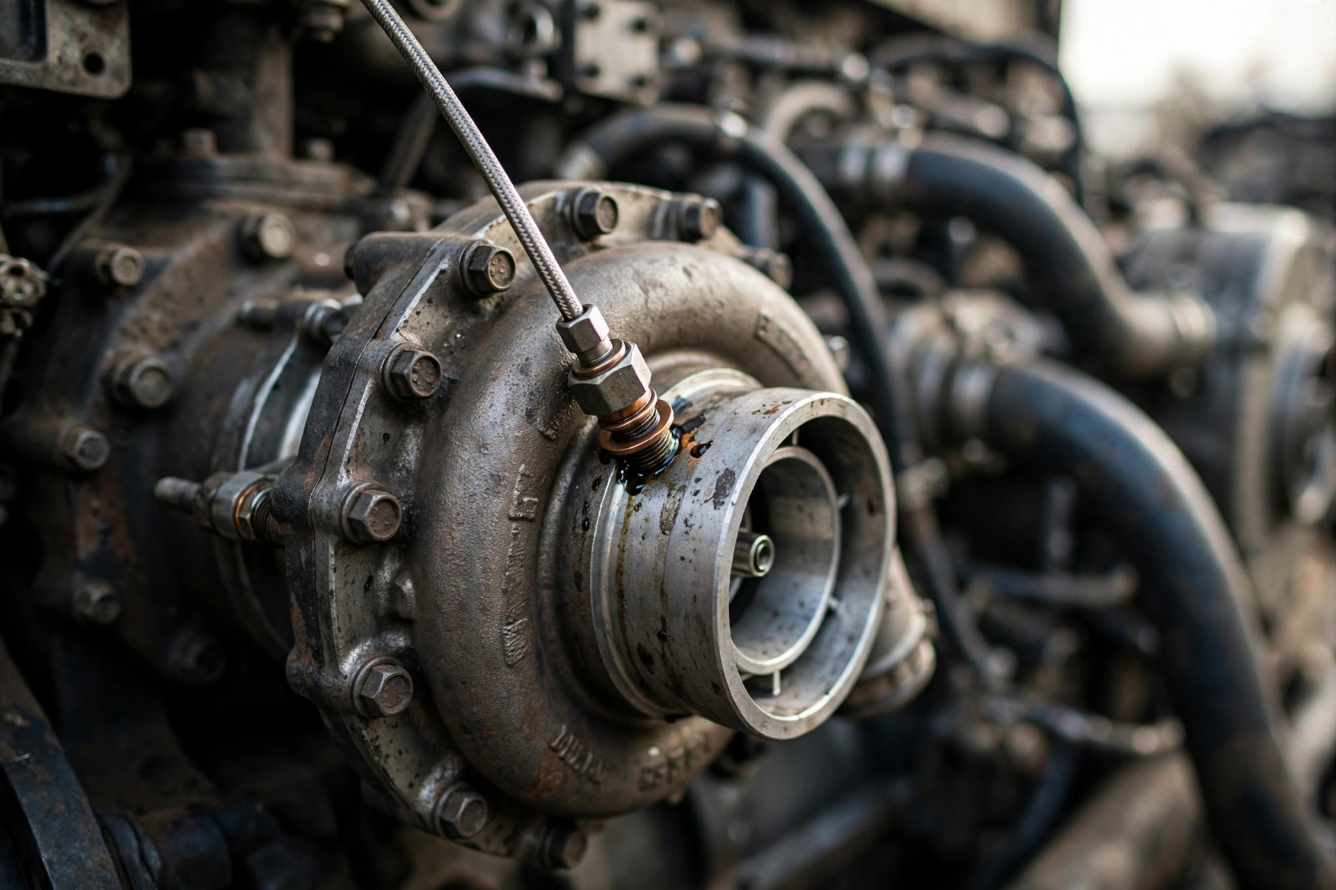 A turbocharger's steel oil feed line and banjo fitting on a diesel generator engine — the turbo is the last stop in the oil circuit and the first bearing to suffer a dry start