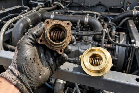 A technician's gloved hand holding an old diesel generator thermostat next to a new one in an open engine bay — the $30 part that decides your engine's operating temperature.