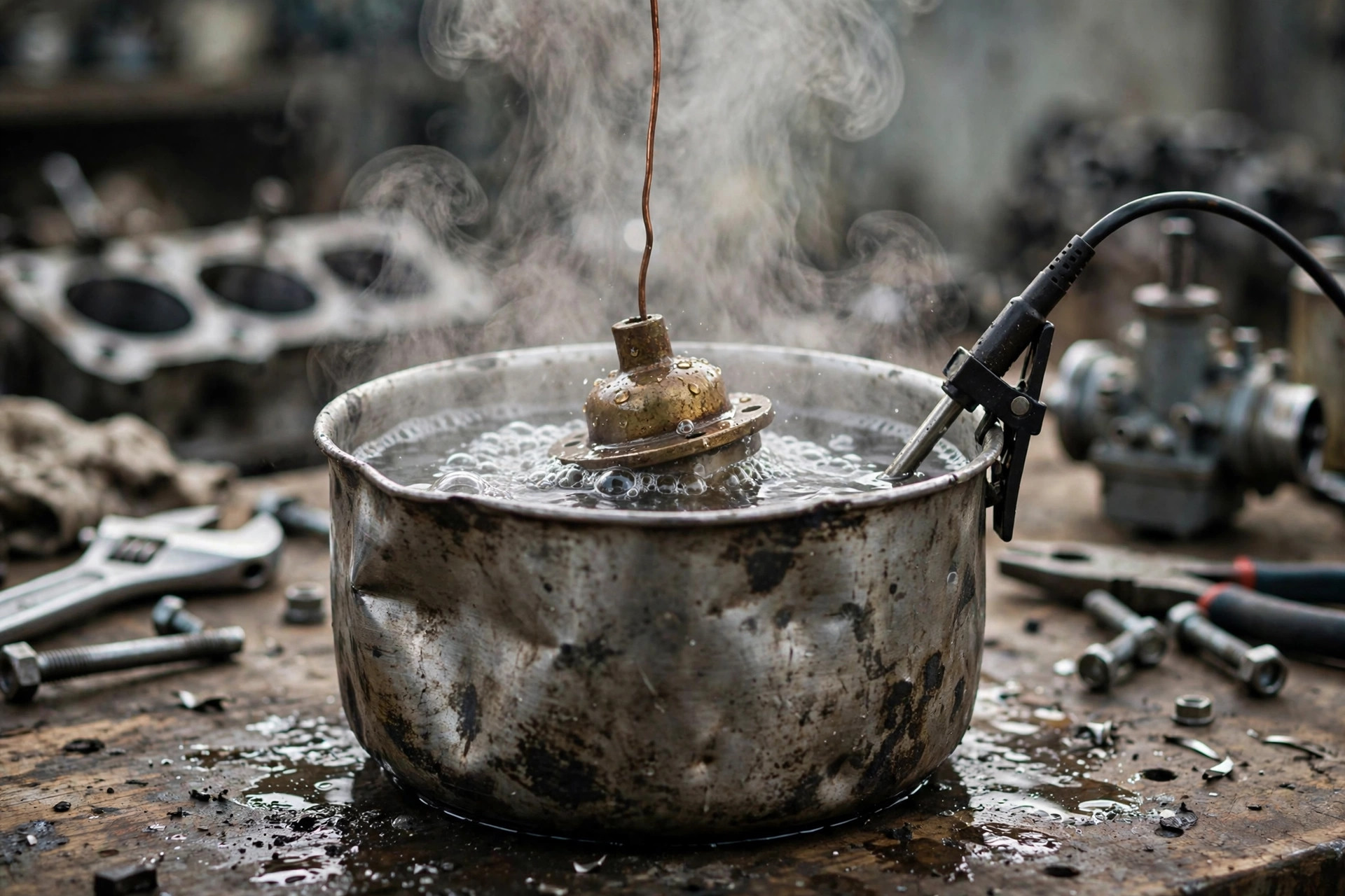 A diesel generator thermostat hanging in a saucepan of water with a thermometer — the pot test that shows whether it opens at the right temperature.