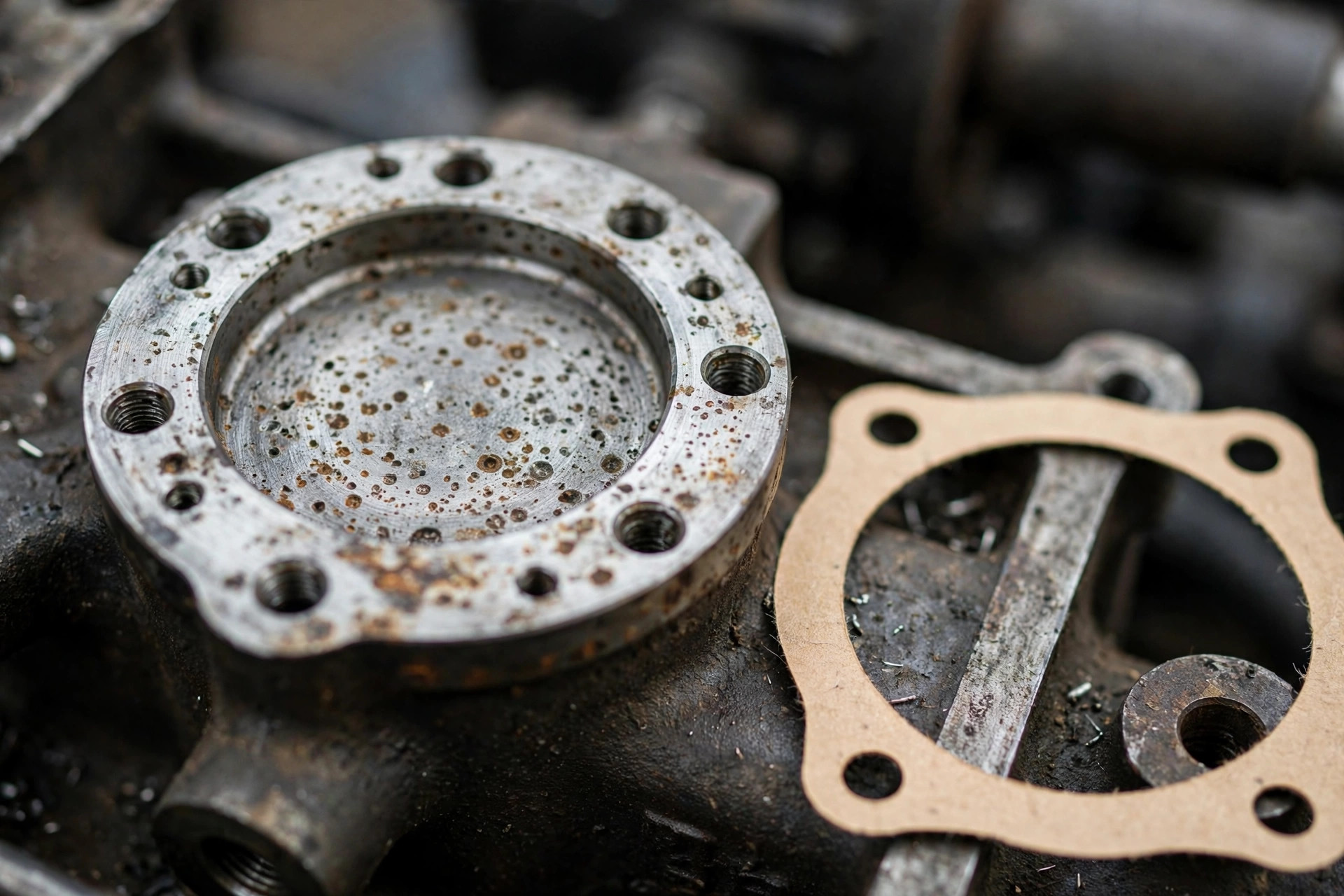Close-up of a corroded thermostat housing seat on a diesel generator engine block with a new paper gasket — the five-minute details that decide whether the repair holds.