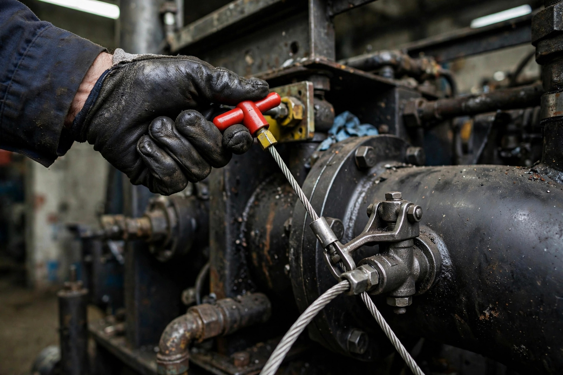 A technician's gloved hand pulls the red T-handle cable of a manual air intake shutoff valve — no solenoid, no controller, just a cable and a human being