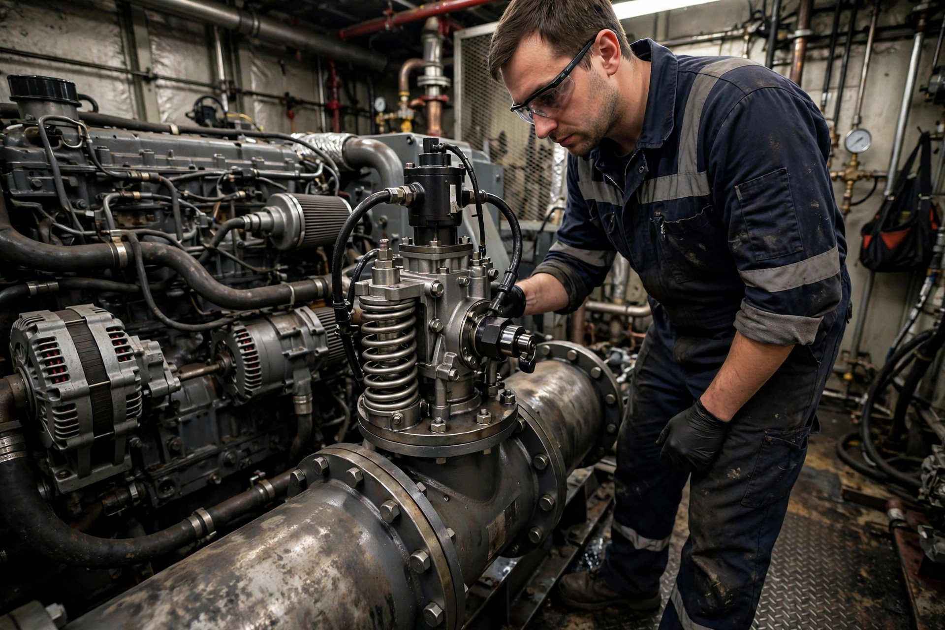 A technician tests a solenoid-actuated automatic air intake shutoff valve on a diesel generator's intake pipe — the test must close the flap, not just light the indicator lamp