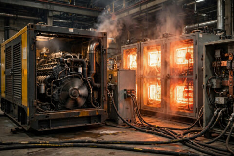 A containerized diesel generator running at full load in a factory test bay, load bank cabinets glowing orange beside it — the moment before a sudden load rejection