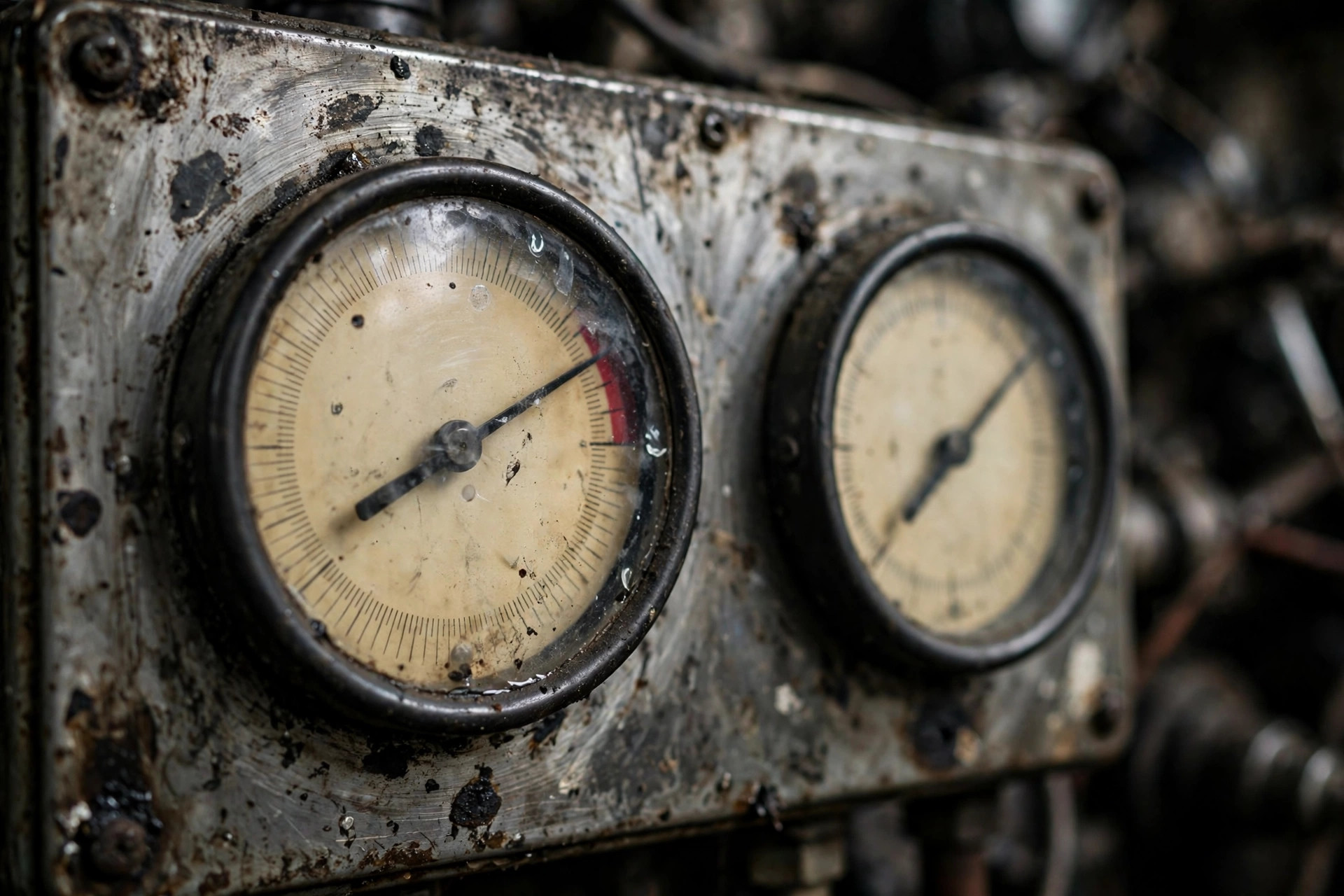 Worn analog frequency and voltage gauges on a diesel generator control panel during a load test &mdash; the needles swing high in the half-second after a sudden load rejection