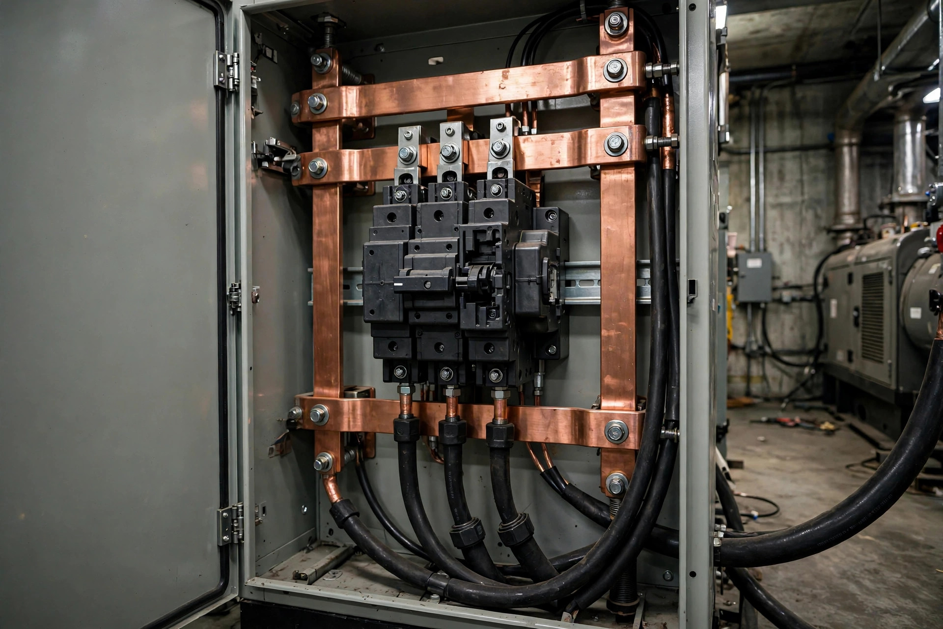 An open industrial main breaker cabinet with copper busbars and heavy power cables &mdash; a real breaker at real load is how a load-rejection test is actually run