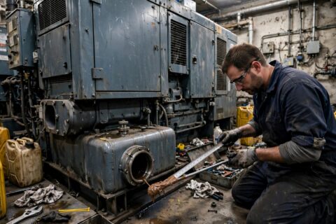 Technician applying water-finding paste to a gauge stick beside an open diesel generator base fuel tank — the thirty-second test that finds water you can't see from the top