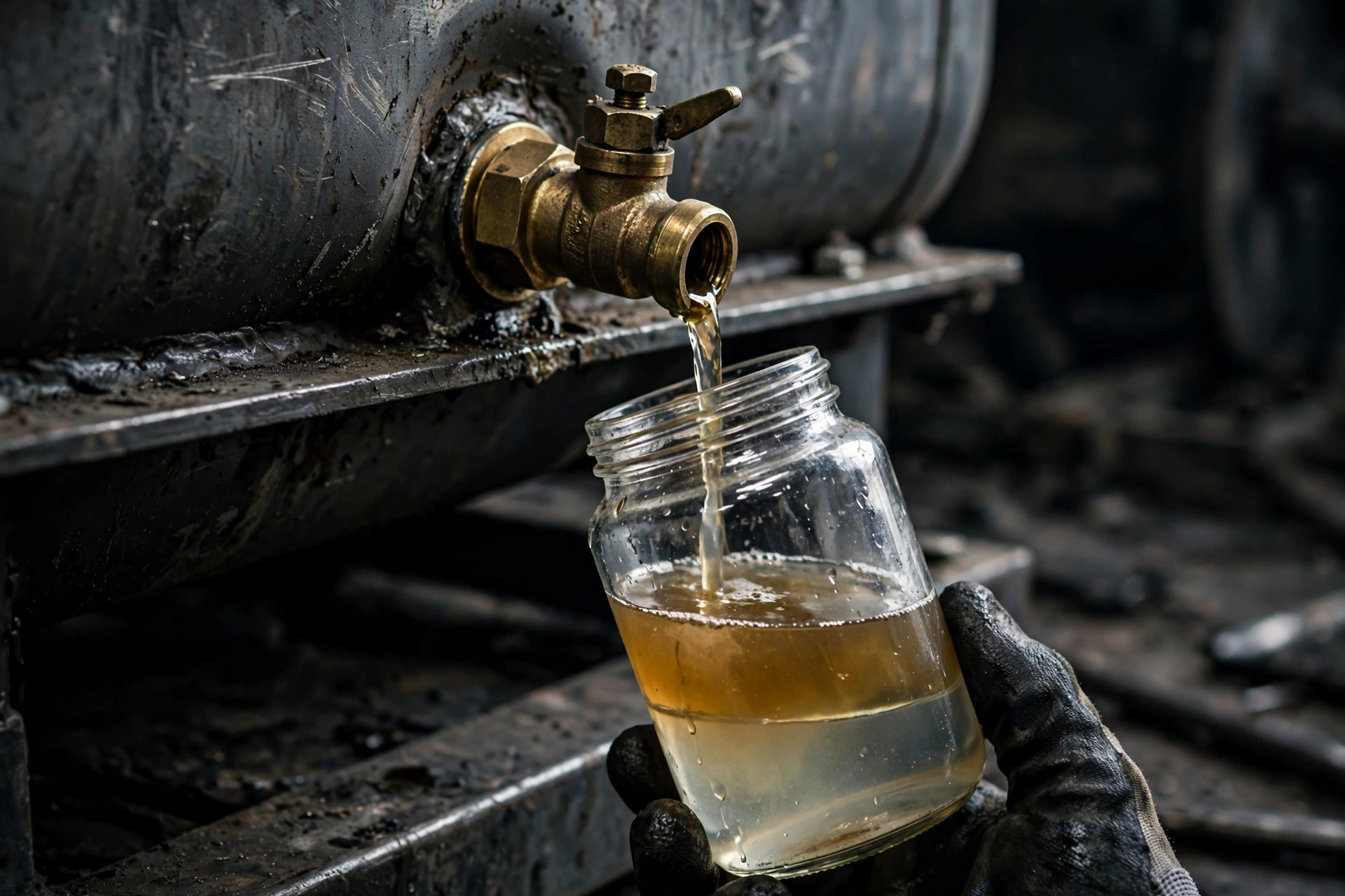 Cloudy fuel with a separated water layer draining from a diesel generator fuel tank sump drain valve into a clear sample jar — this is what a neglected sump looks like