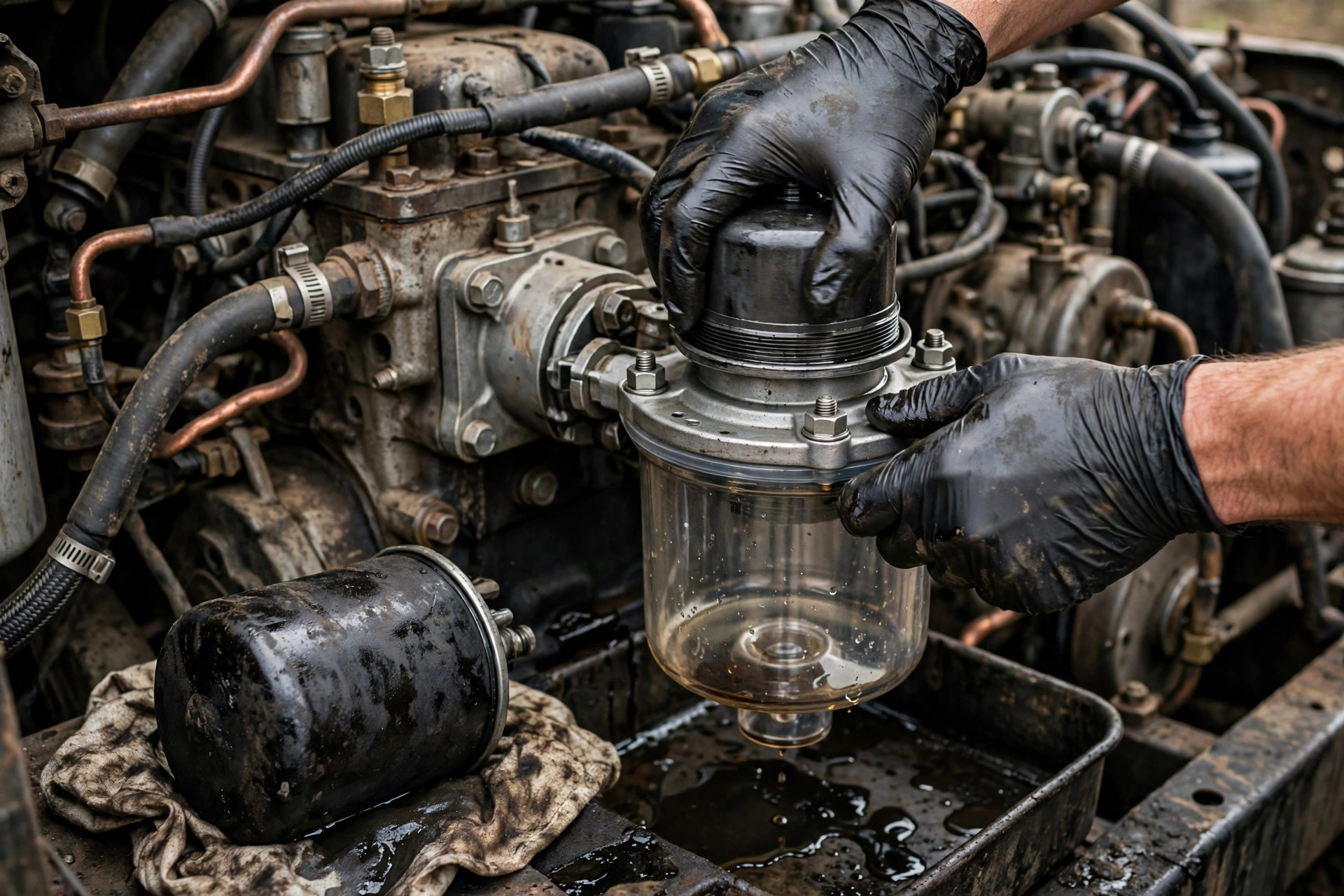 A technician installing a fuel-water separator filter on a diesel generator engine — the last line of defense between tank water and your injectors