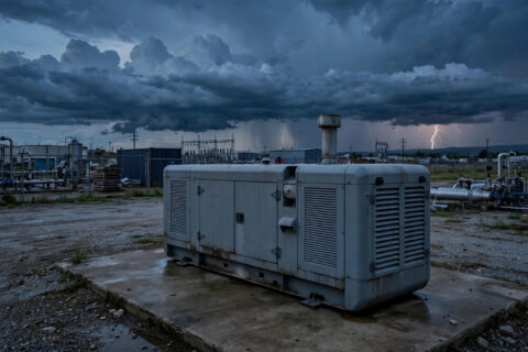 A diesel generator in a weatherproof enclosure on a concrete pad at dusk, with dark storm clouds and distant lightning on the horizon