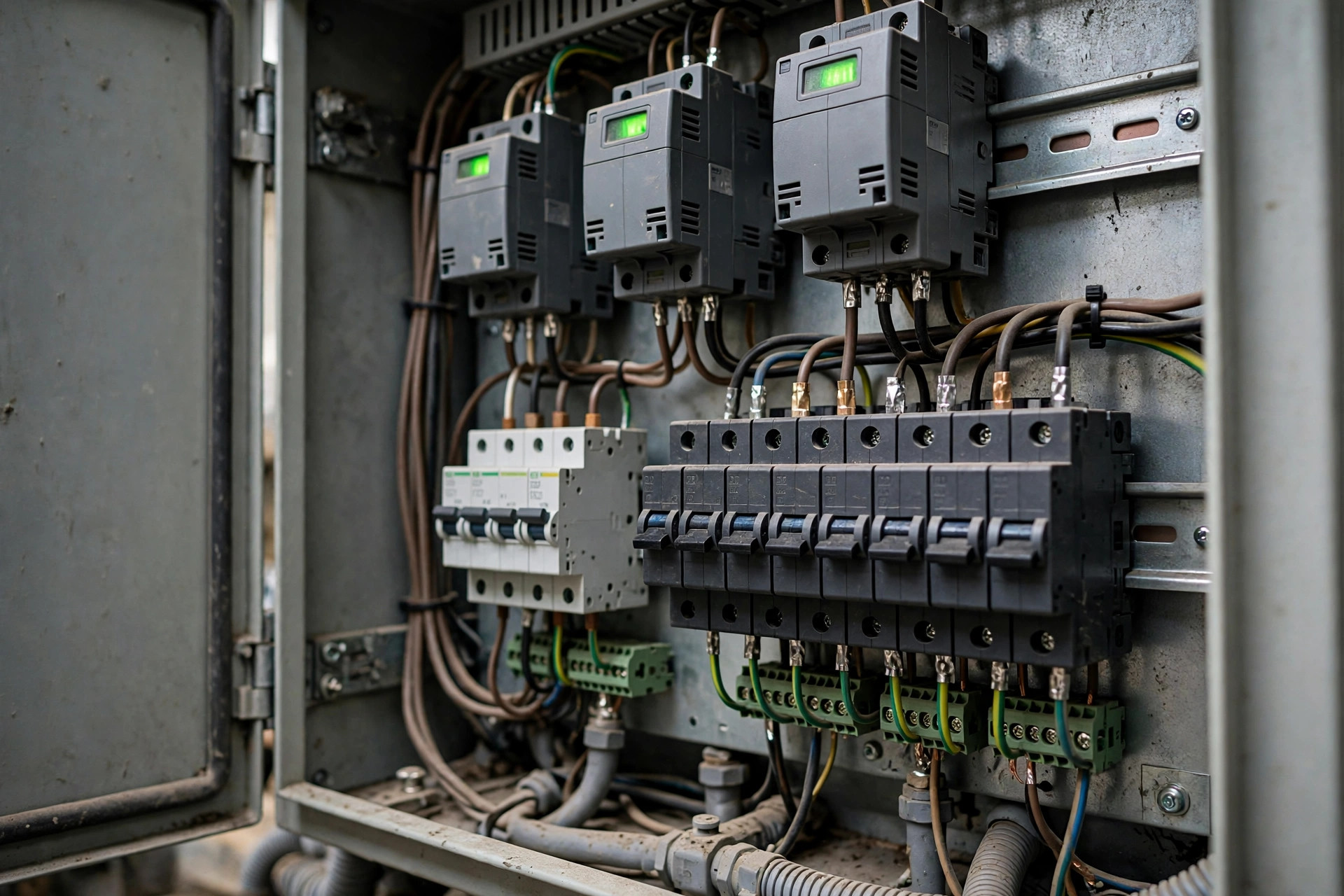 An open diesel generator control panel with DIN-rail surge protective device modules — the status window on each cartridge is the only warning you get before it fails silently