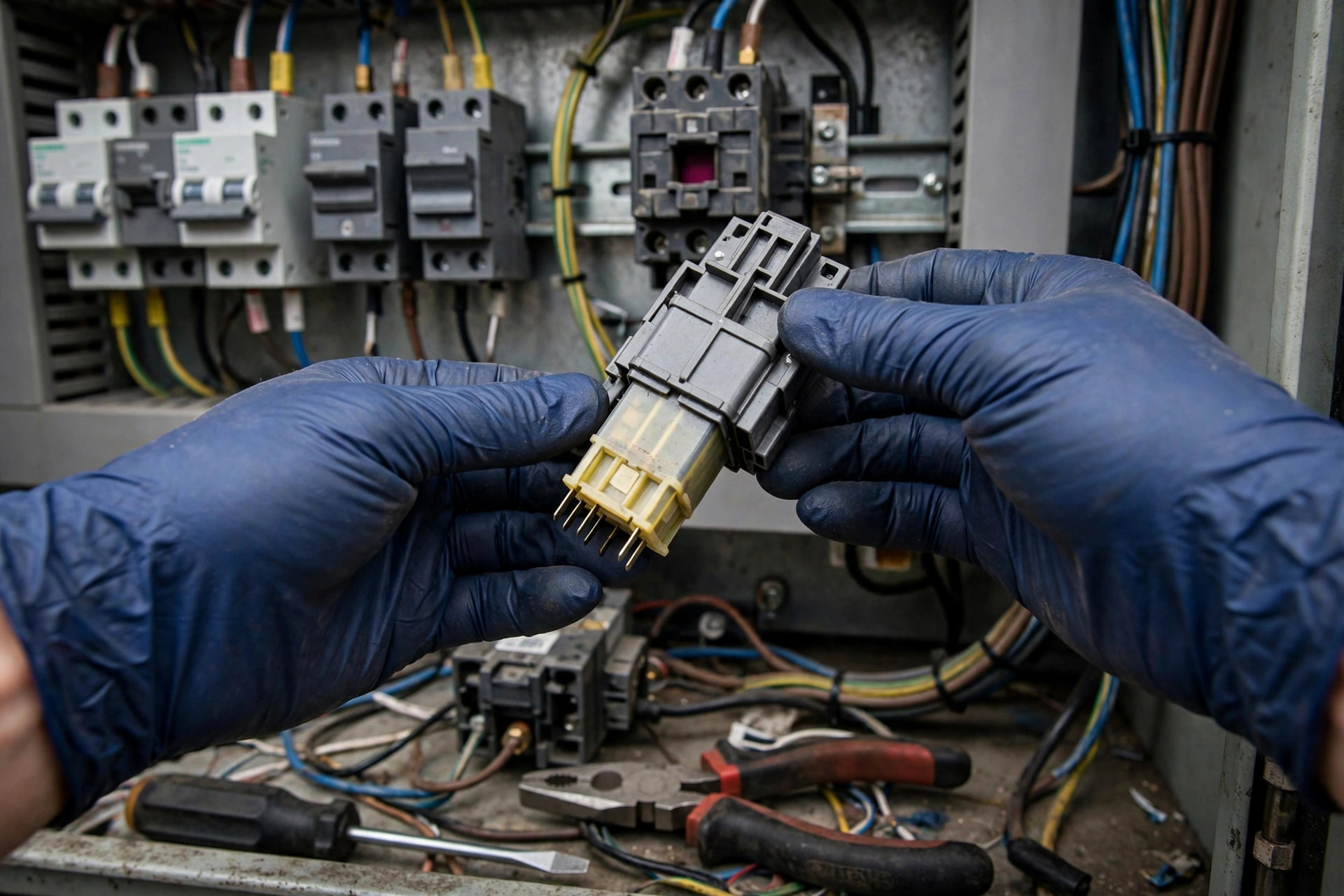 A technician checking a surge protective device cartridge inside a generator control cabinet — cartridges degrade with every surge they absorb and must be replaced, not just installed
