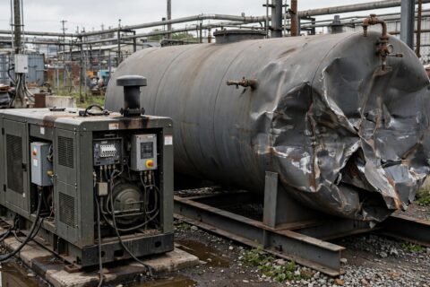 A diesel generator set beside a steel base fuel tank with a visibly dented, partially collapsed side wall at an industrial site