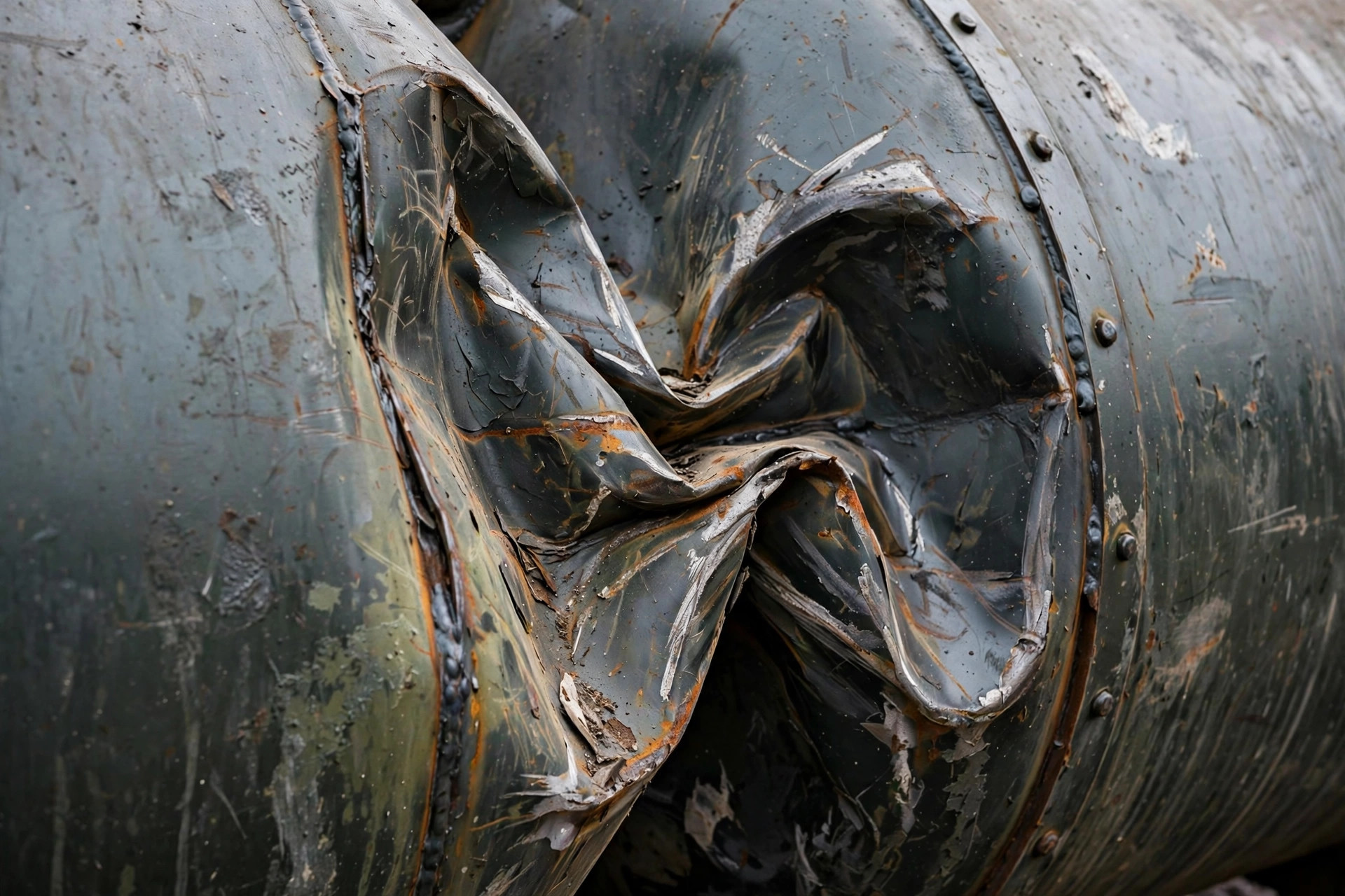 Close-up of the buckled steel side of a diesel fuel tank crushed inward by vacuum after its vent clogged
