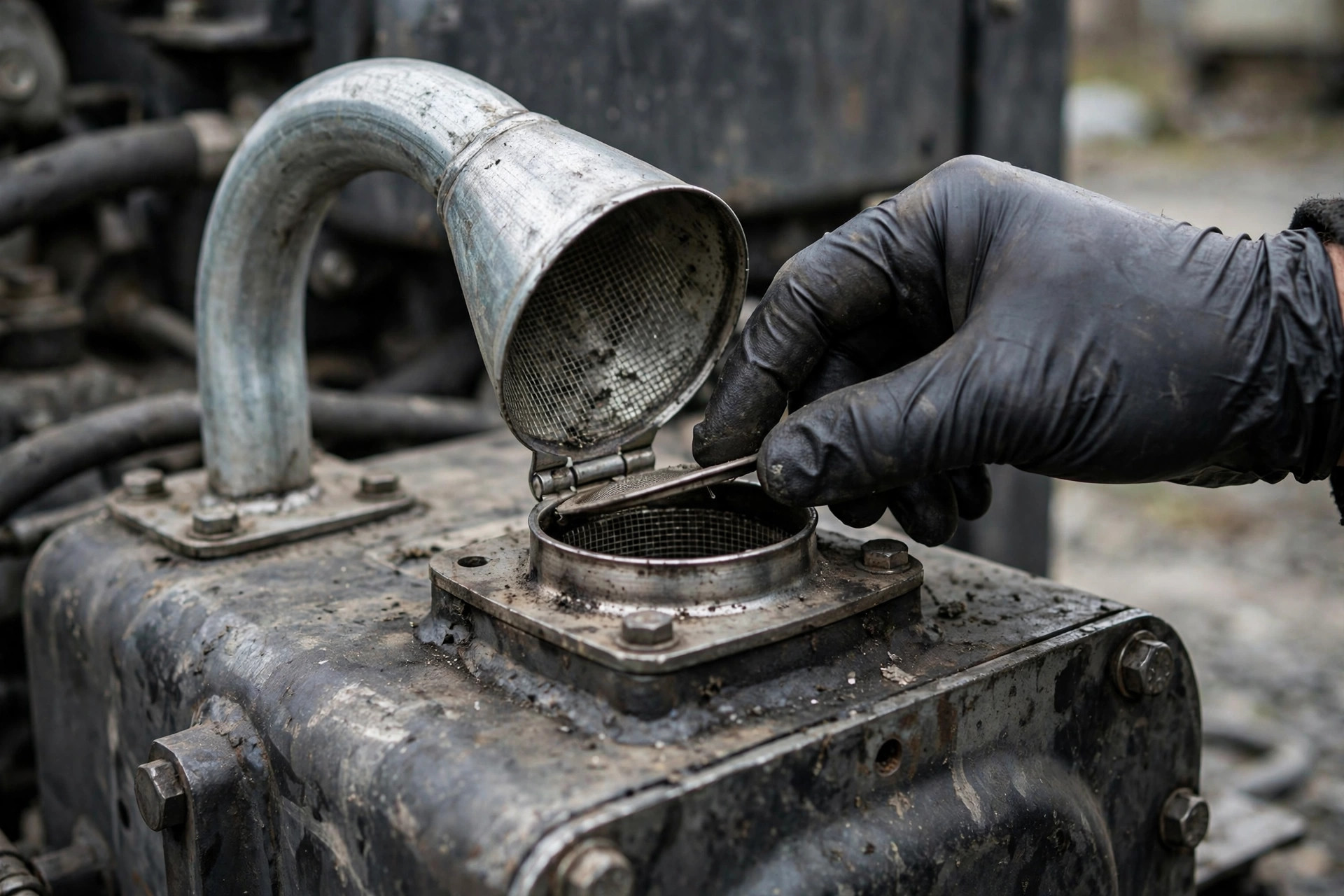 A technician's gloved hand checking the mesh screen inside a gooseneck fuel tank vent cap on a generator base tank