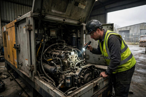 Field engineer inspecting a used diesel generator in a warehouse yard