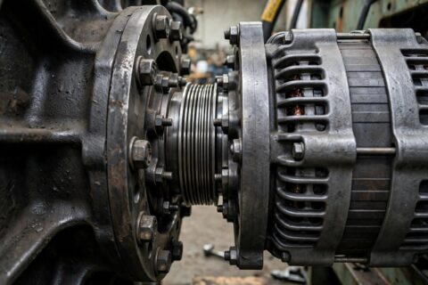 Close-up of the thin steel drive disc pack between a diesel generator engine flywheel housing and the alternator — the flexible coupling that carries every torque pulse