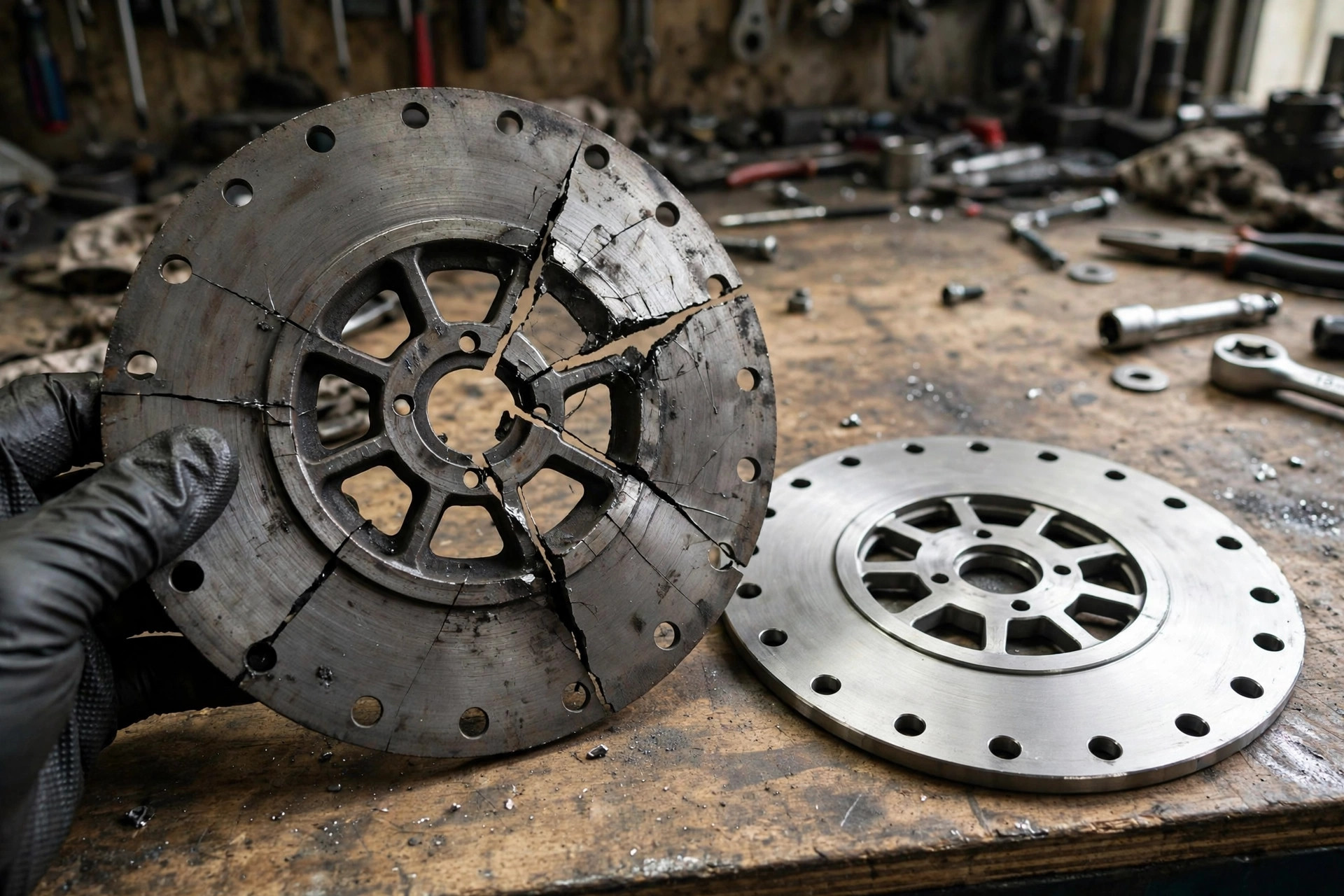 A cracked steel drive disc from a diesel generator alternator coupling next to a new one — fatigue cracks start at the bolt holes