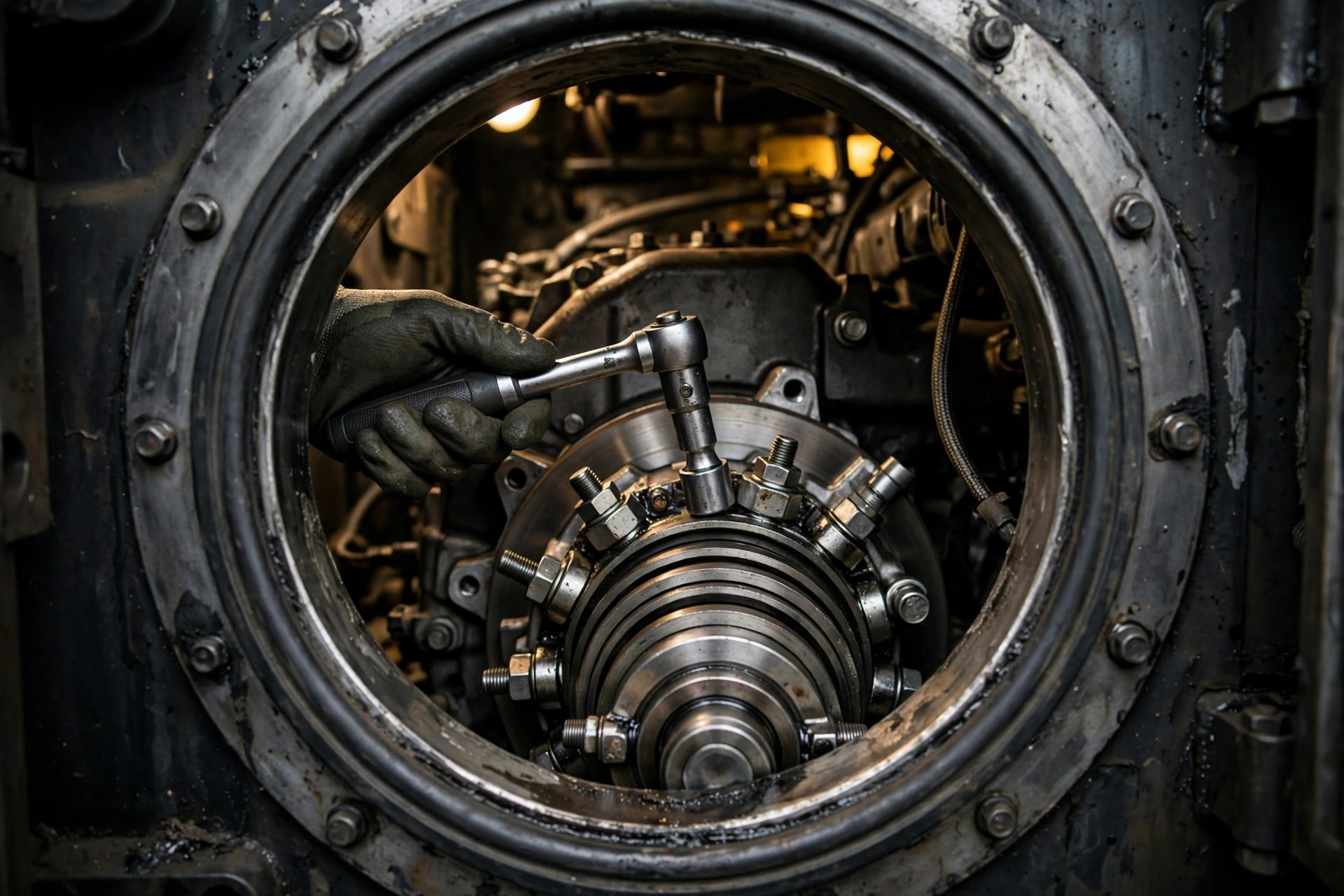 A technician checking drive disc coupling bolts with a torque wrench through the bell housing inspection opening — wrong torque kills discs early
