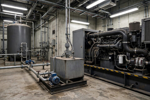 A diesel generator day tank with an electric fuel transfer pump and piping in an industrial generator room — the automatic refill setup