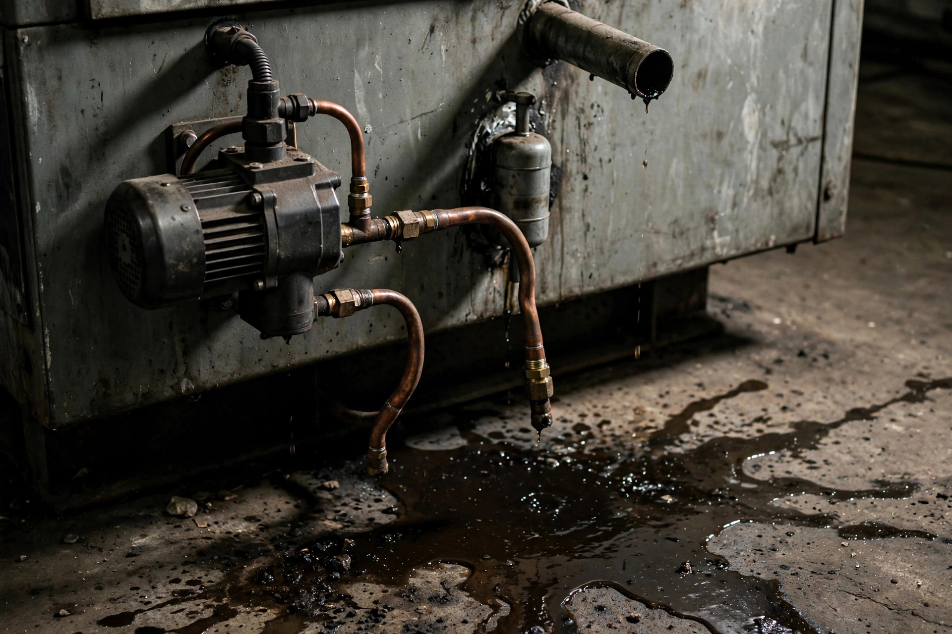 A fuel transfer pump with weeping fittings and diesel spreading across a concrete generator room floor — what a day tank overflow looks like
