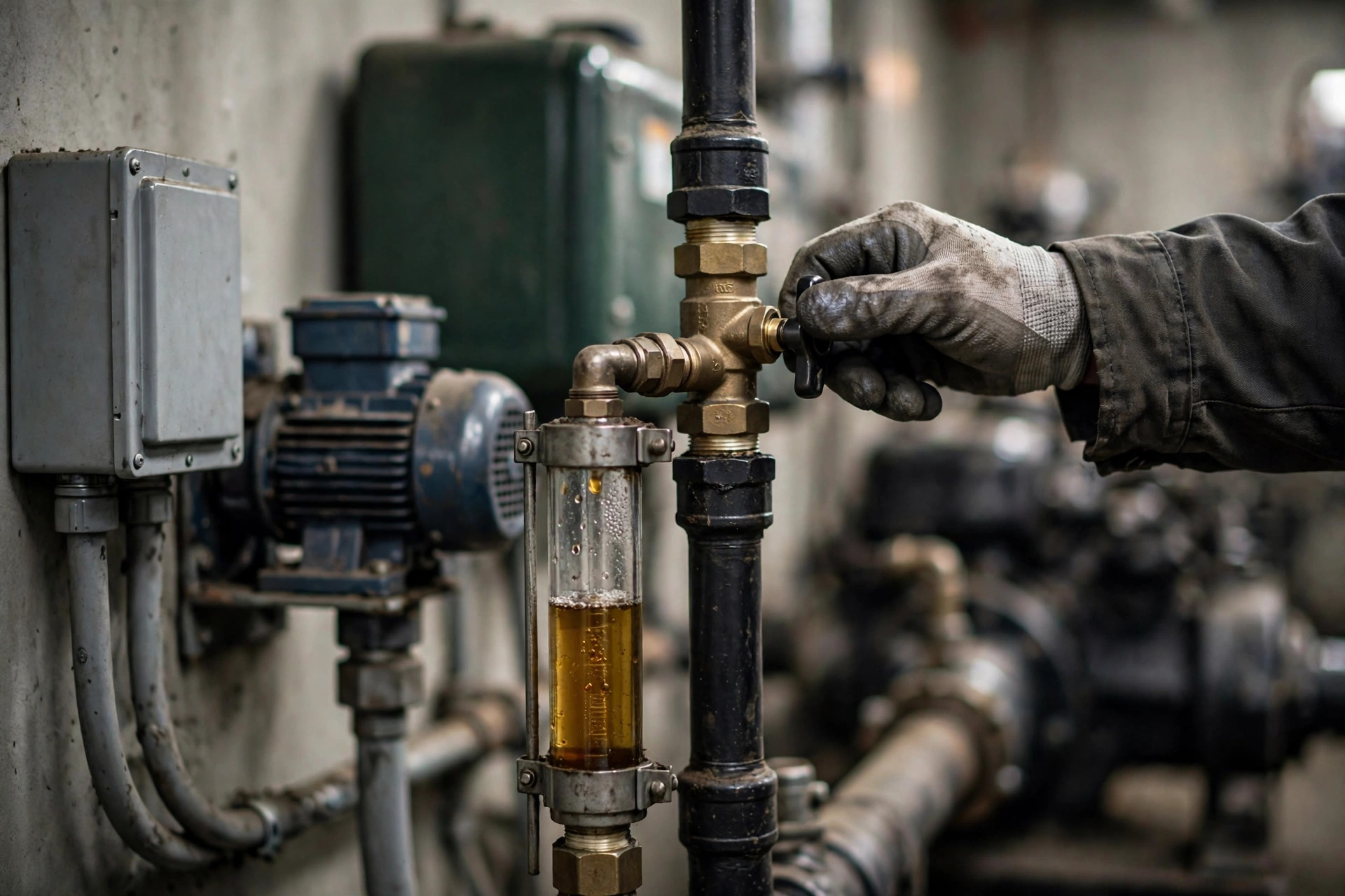 A gloved hand working the manual bypass valve on a day tank fuel line, with a sight glass showing the fuel level