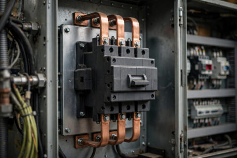 A large molded-case circuit breaker with copper bus bars mounted inside a diesel generator control panel