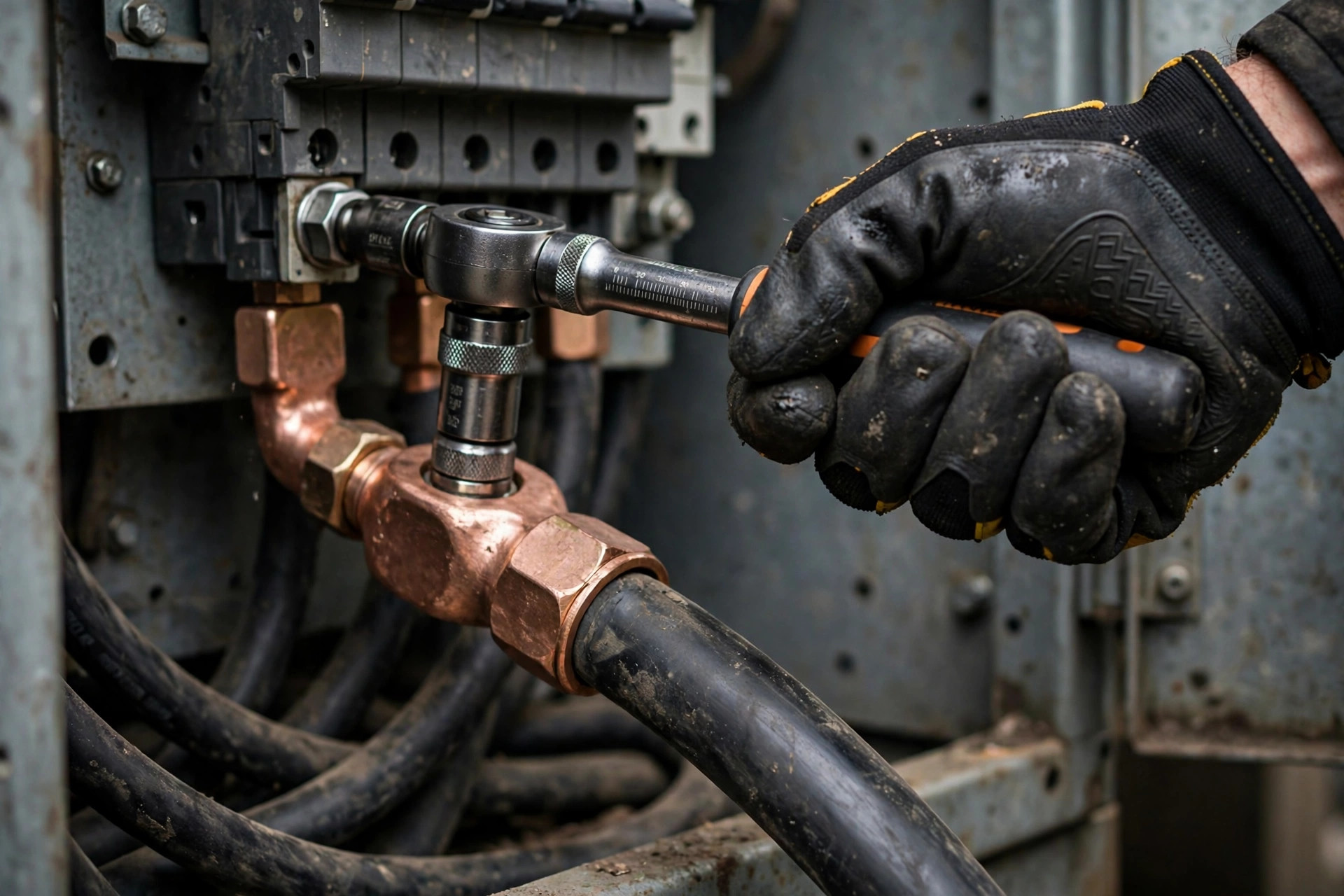 An electrician's gloved hand tightening a cable lug terminal on a generator breaker with a torque wrench