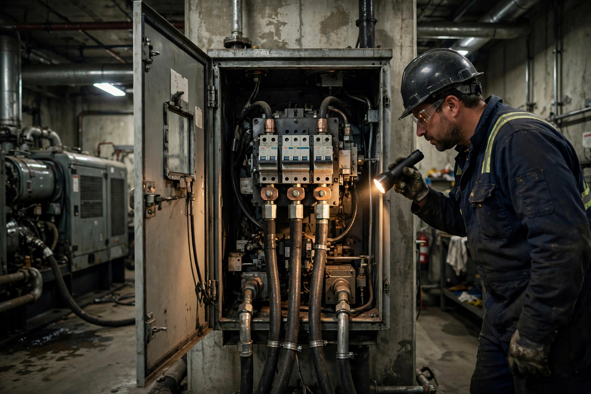 A technician inspecting an open generator breaker cabinet with a flashlight in a generator room