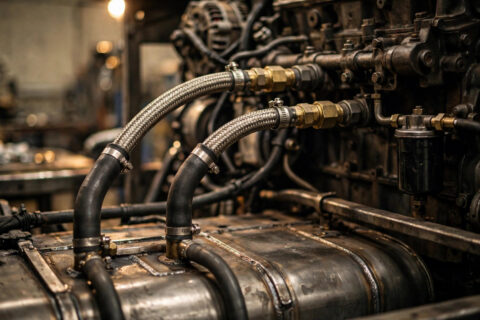 Diesel generator engine bay showing braided and rubber fuel supply and return hoses with brass fittings and band clamps on the engine