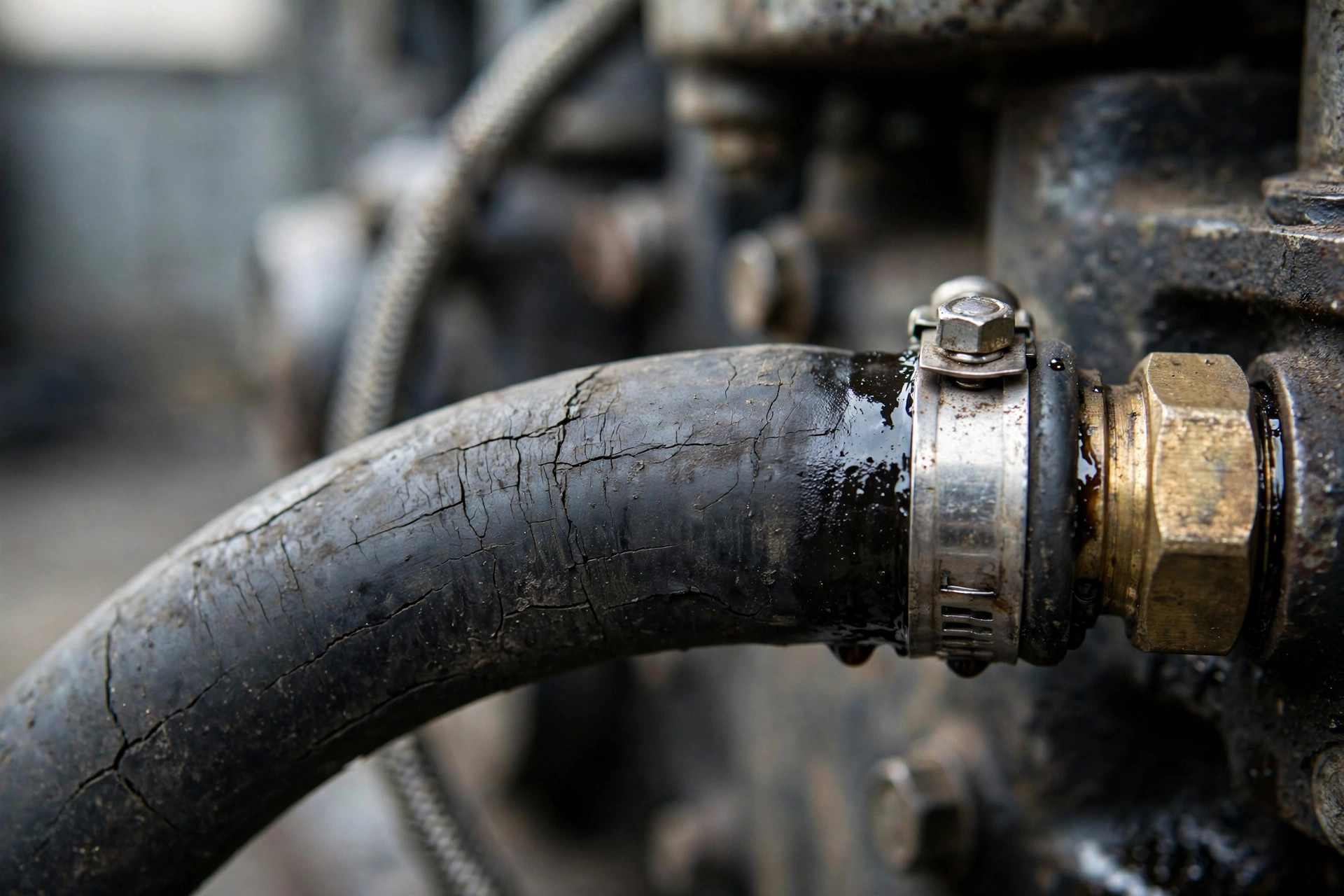 Close-up of a cracked rubber diesel fuel hose with a damp weeping stain at a brass fitting where a metal clamp squeezes it