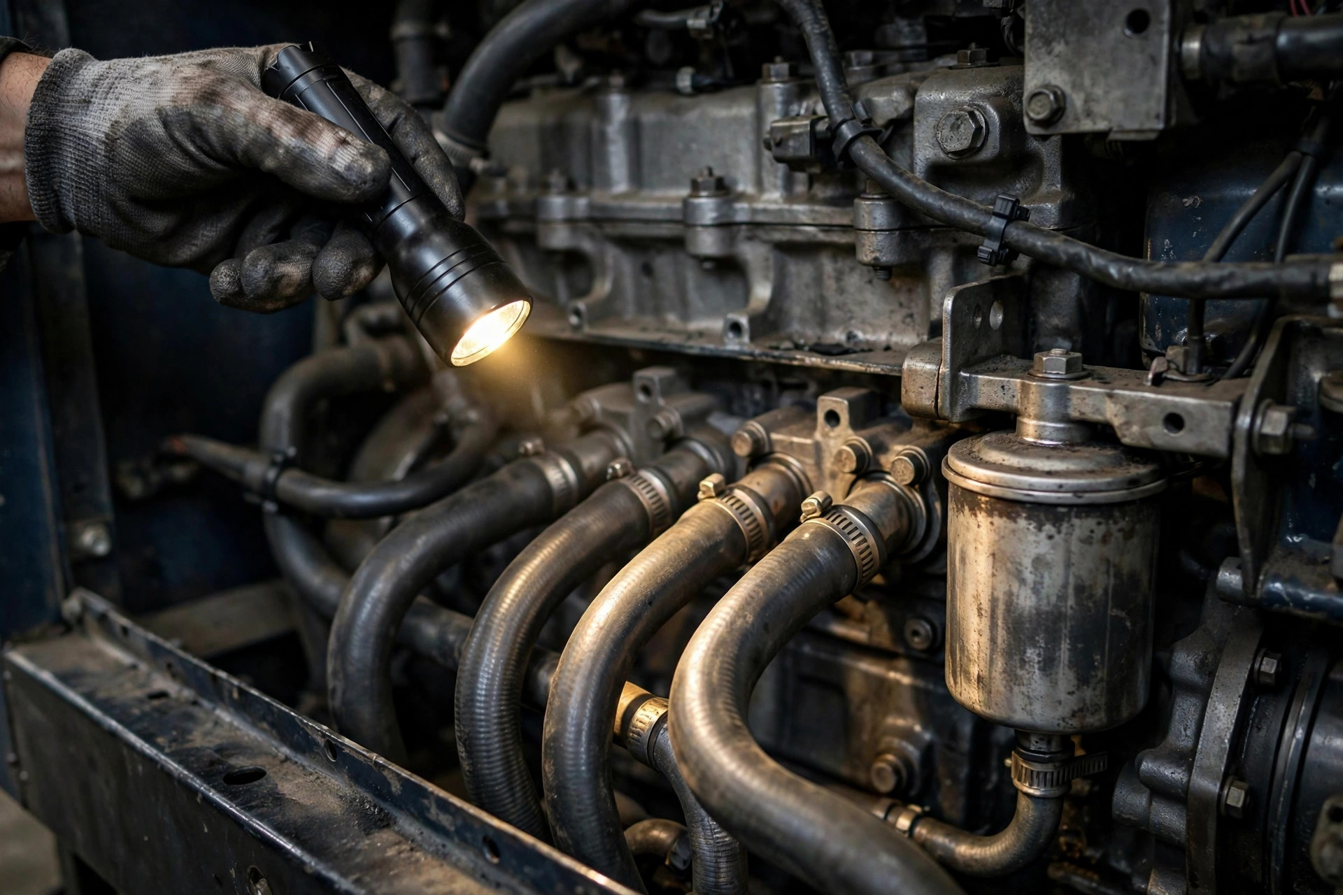 A technician inspecting generator fuel hoses with a flashlight inside the engine compartment