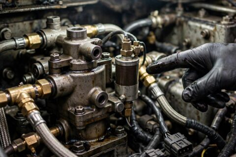 Technician pointing at a fuel shutoff solenoid on a diesel generator injection pump