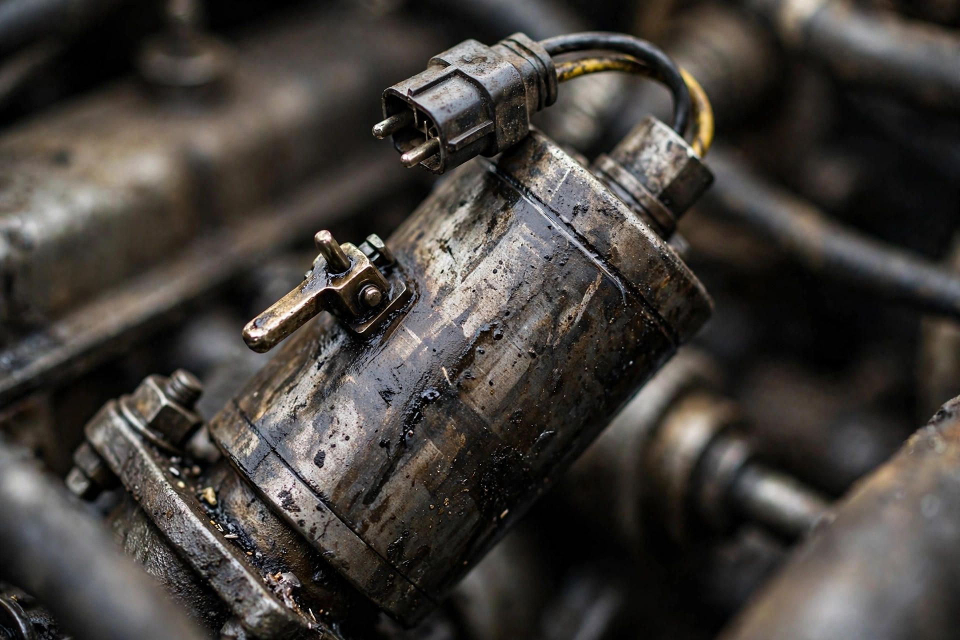 Fuel shutoff solenoid with manual override lever on a diesel engine