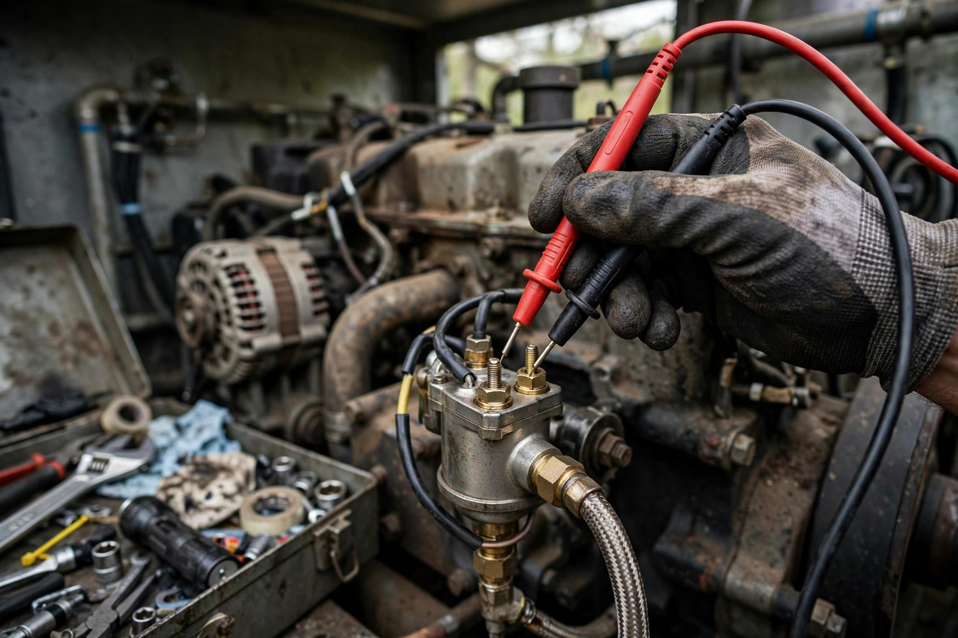 Technician checking fuel shutoff solenoid coil voltage with a multimeter