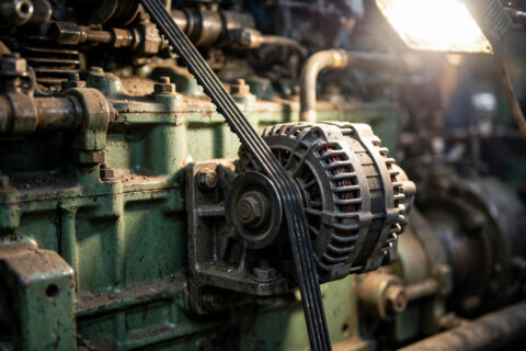 Belt-driven charge alternator on a diesel generator engine, documentary field close-up
