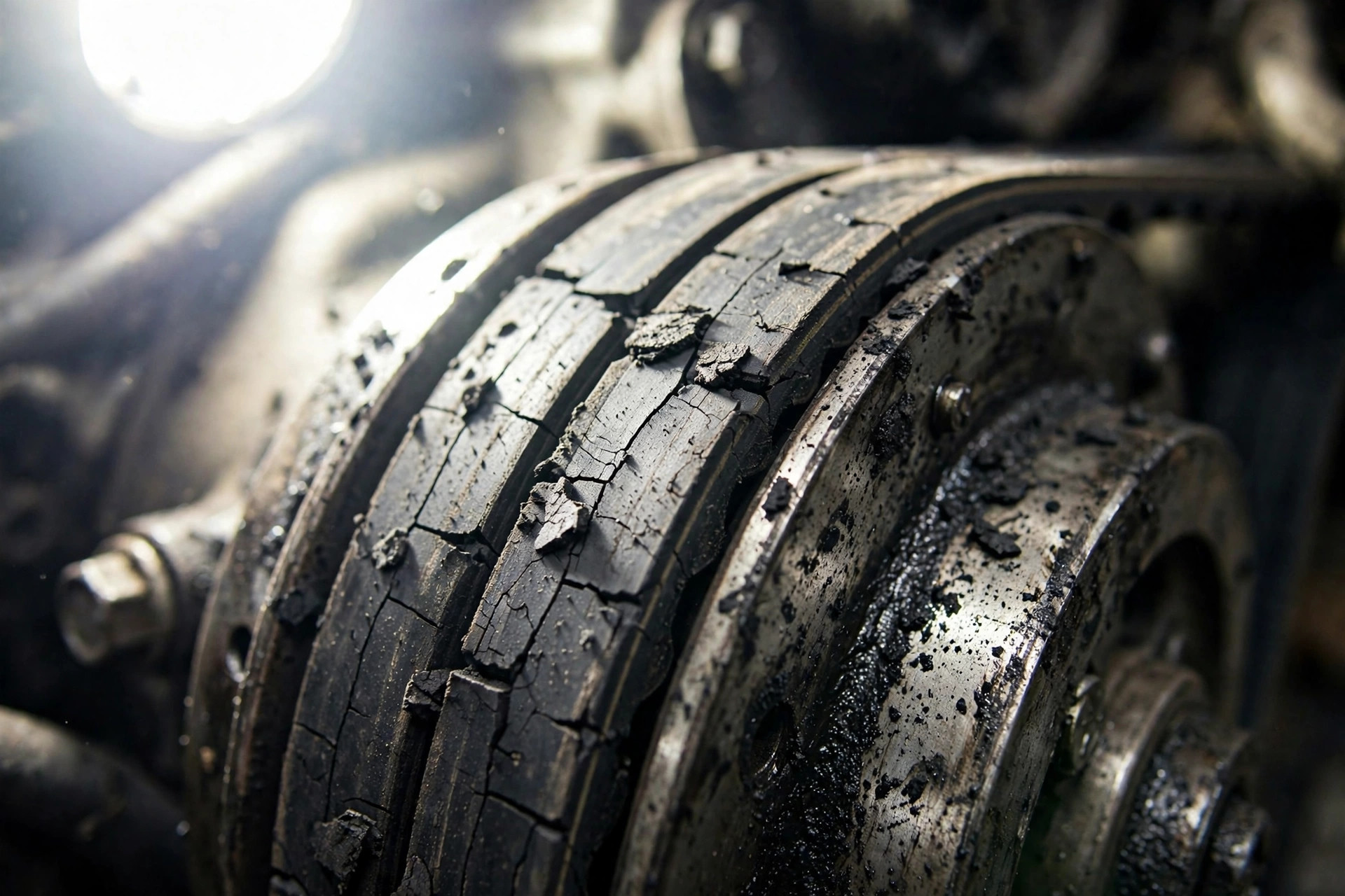 Worn cracked alternator belt on a diesel generator engine, rubber dust on the bracket