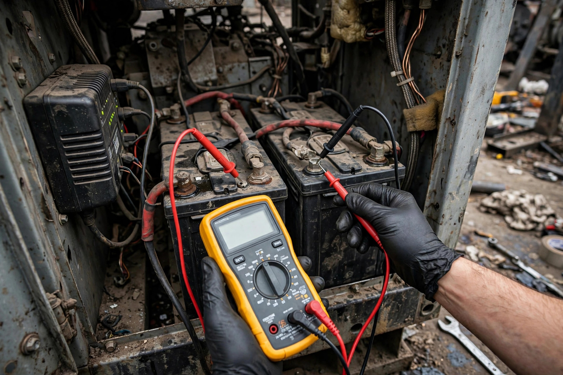 Multimeter testing starting battery voltage on a standby diesel generator