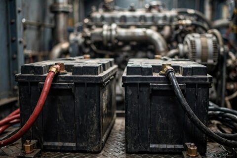 Two starting batteries with heavy red and black cables in front of a diesel generator engine
