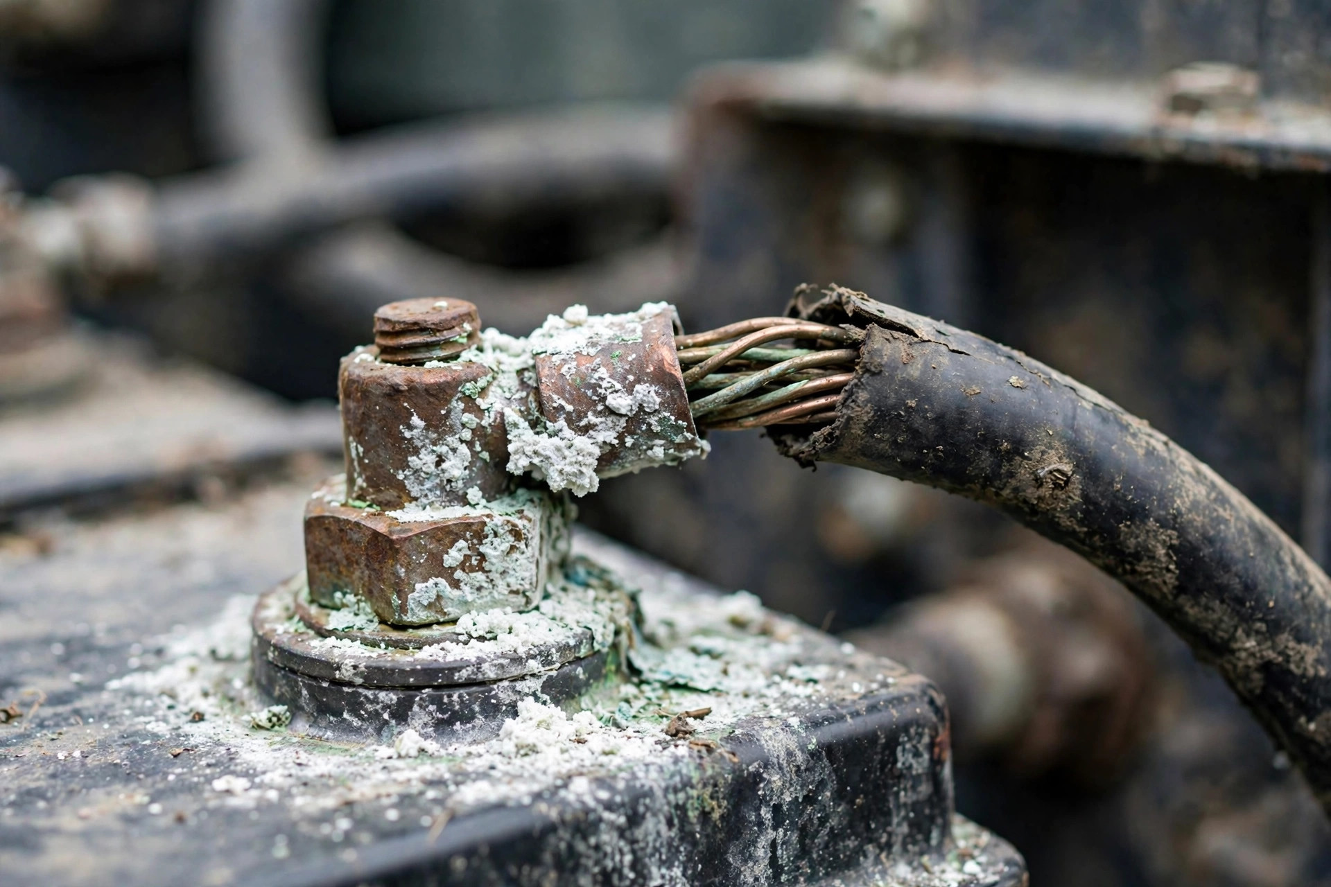 Corroded battery cable lug on a diesel generator, white-green corrosion creeping under the insulation