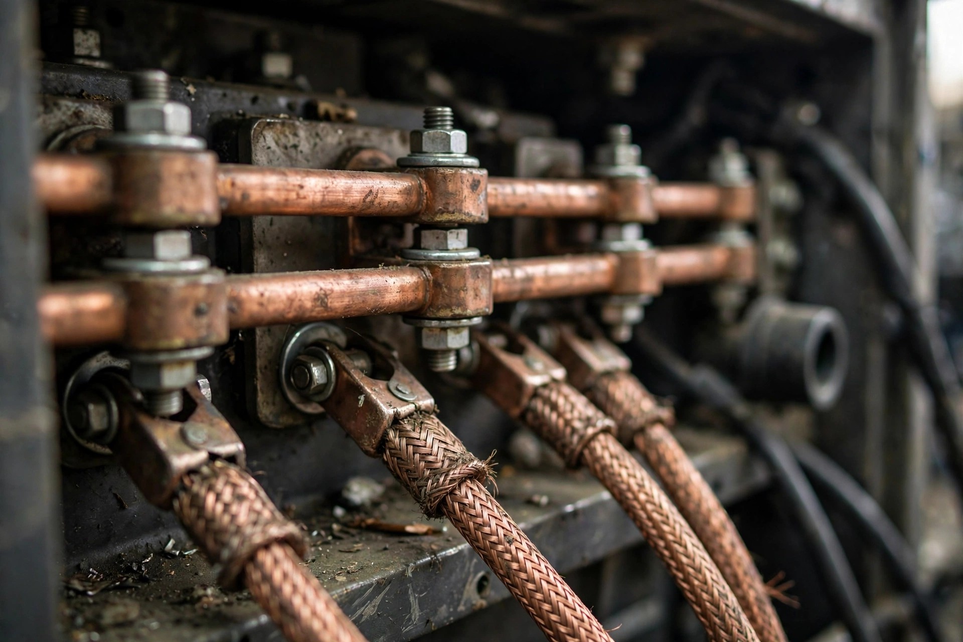 Open terminal box of a diesel generator showing numbered leads T1 through T12 and copper reconnection bars