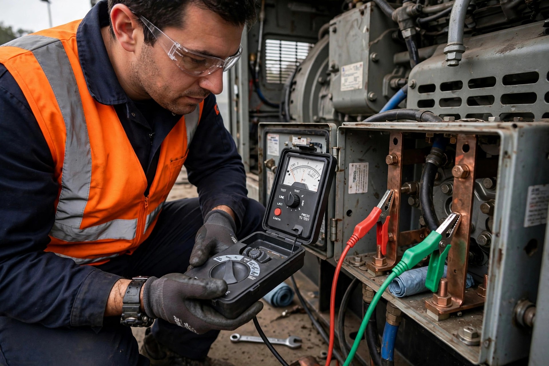 A technician testing generator leads with a meter after voltage reconnection
