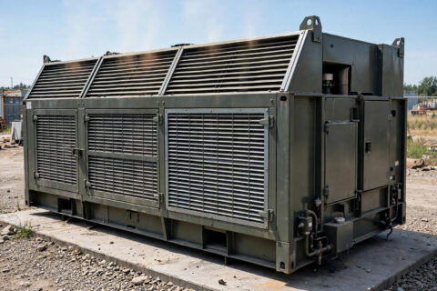 Containerized diesel generator set on a concrete pad with roof discharge louvers and side intake grilles — hot discharge air must leave the enclosure, not loop back to the radiator
