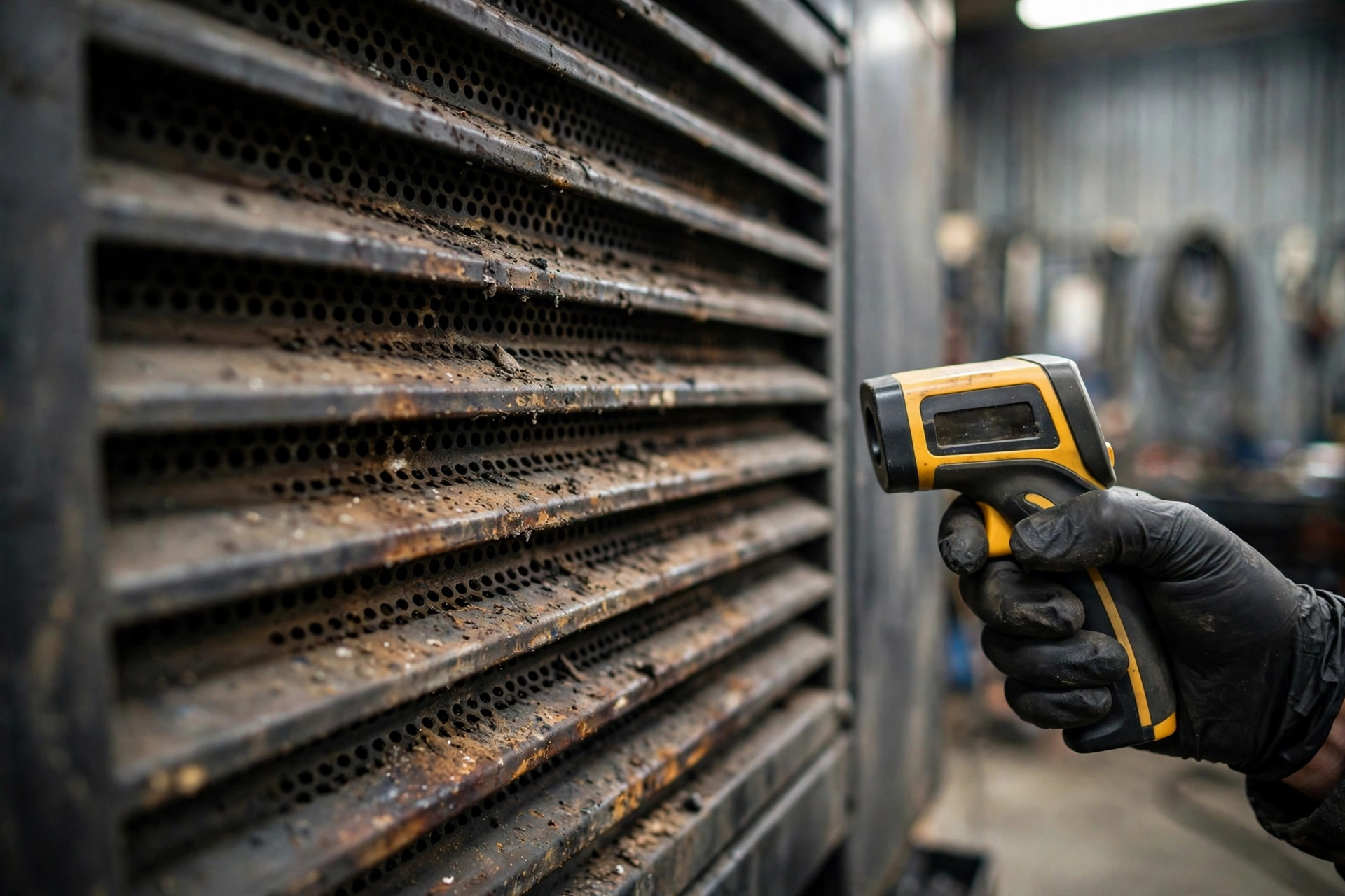 A gloved hand holding an infrared thermometer at a dusty radiator discharge grille — measuring discharge temperature is step one of the two-minute test