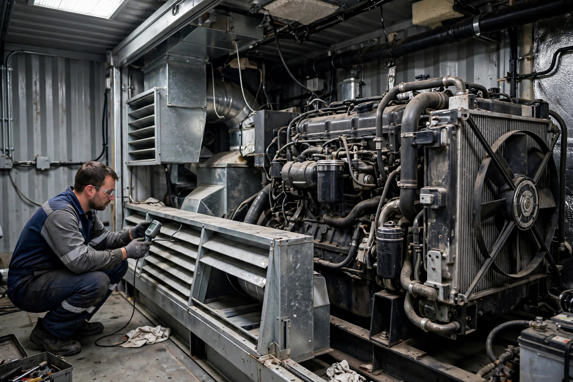 A technician measuring inlet air temperature at the low intake louver inside a generator container — if inlet air runs 10 degrees above ambient, the enclosure is recirculating its own heat