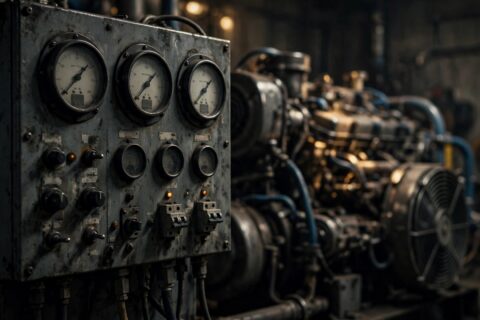A diesel generator control panel with analog voltage gauges reading zero while the engine runs — the classic symptom of lost residual magnetism in the alternator