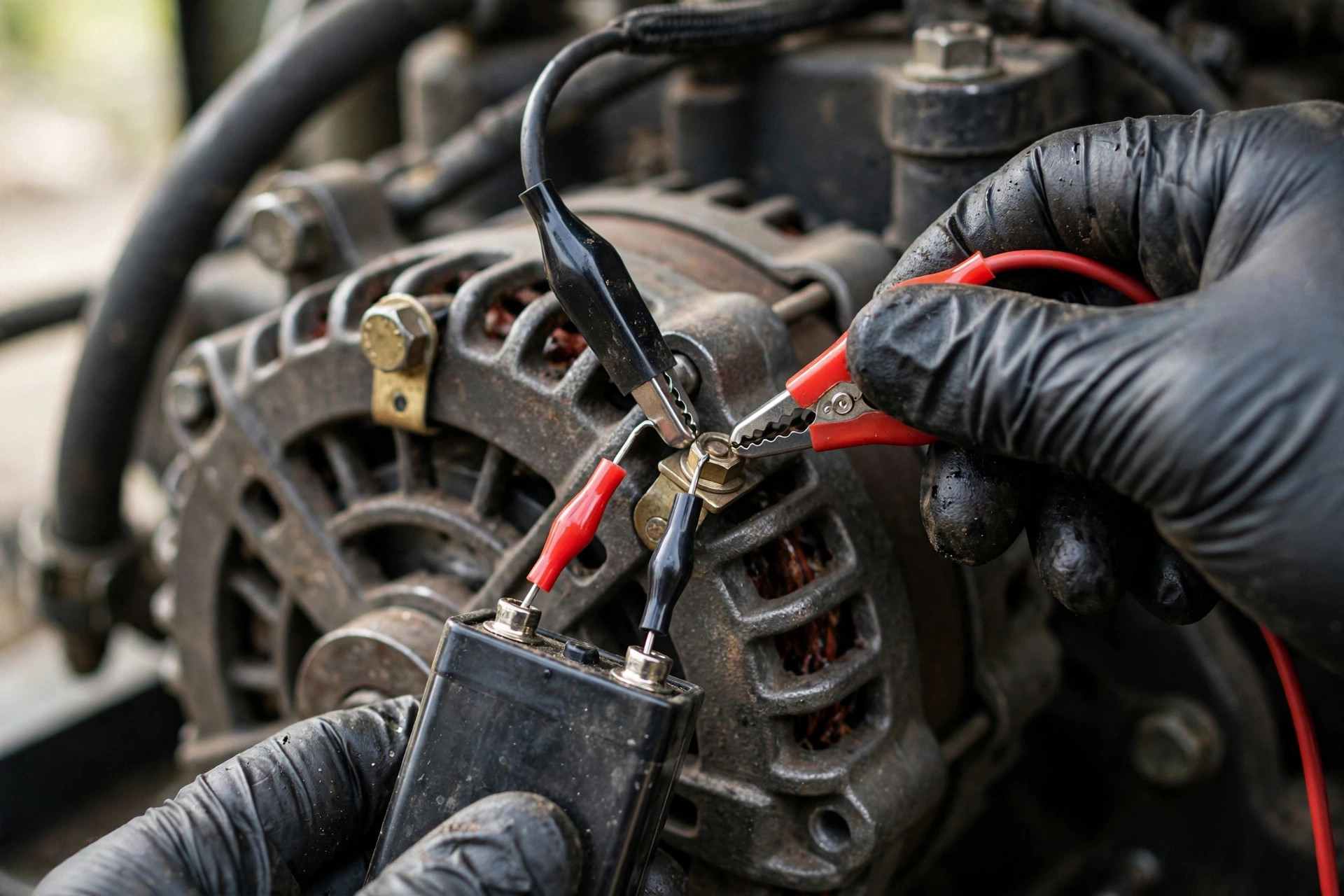 A technician's gloved hands flashing the exciter field of a diesel generator alternator with a nine-volt battery — a brief touch of DC restores the rotor's residual magnetism