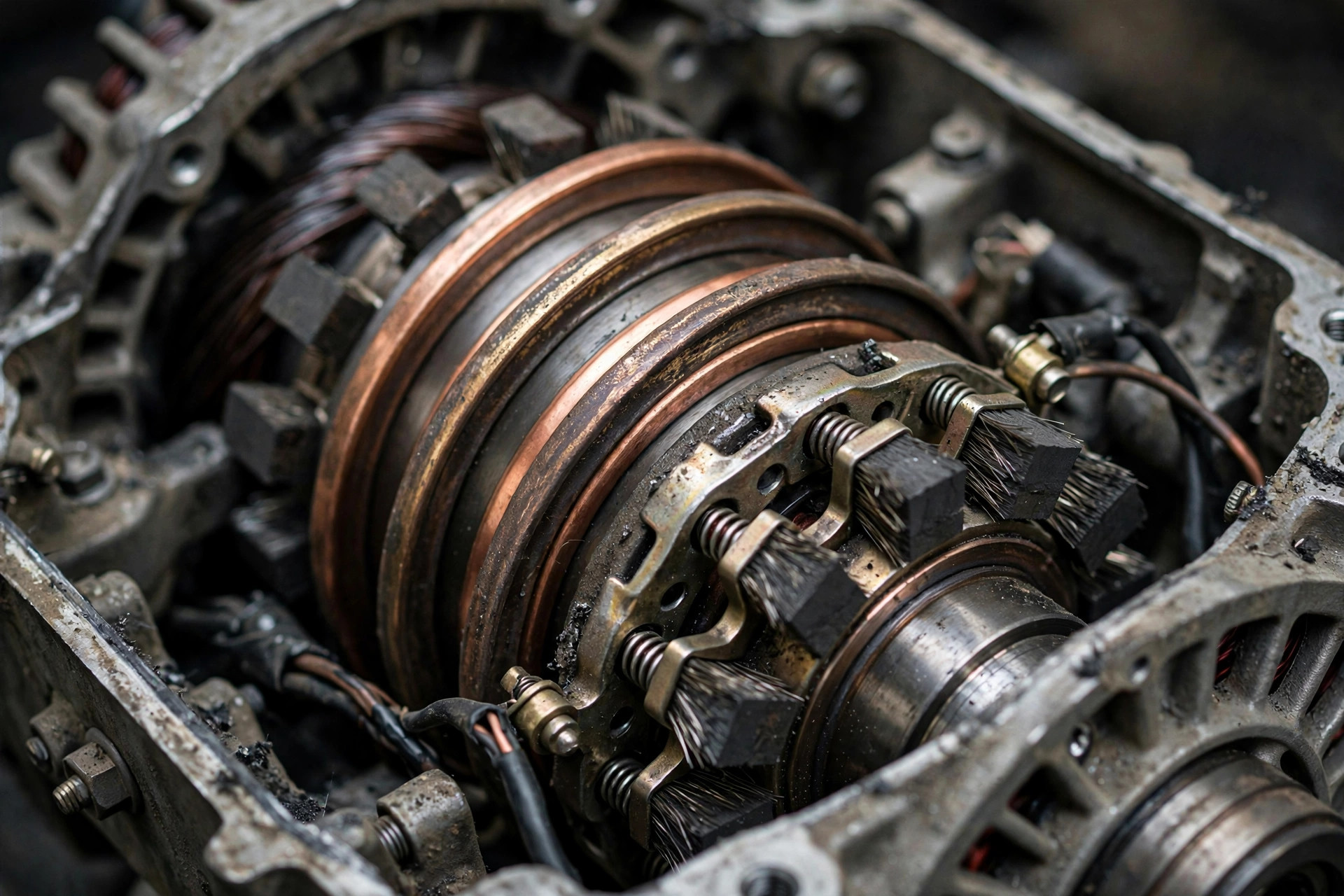 Slip rings and carbon brushes on a diesel generator alternator with the end cover removed — a stuck brush breaks the field circuit as thoroughly as a dead memory