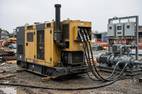 Diesel generator set powering three-phase industrial equipment on a job site