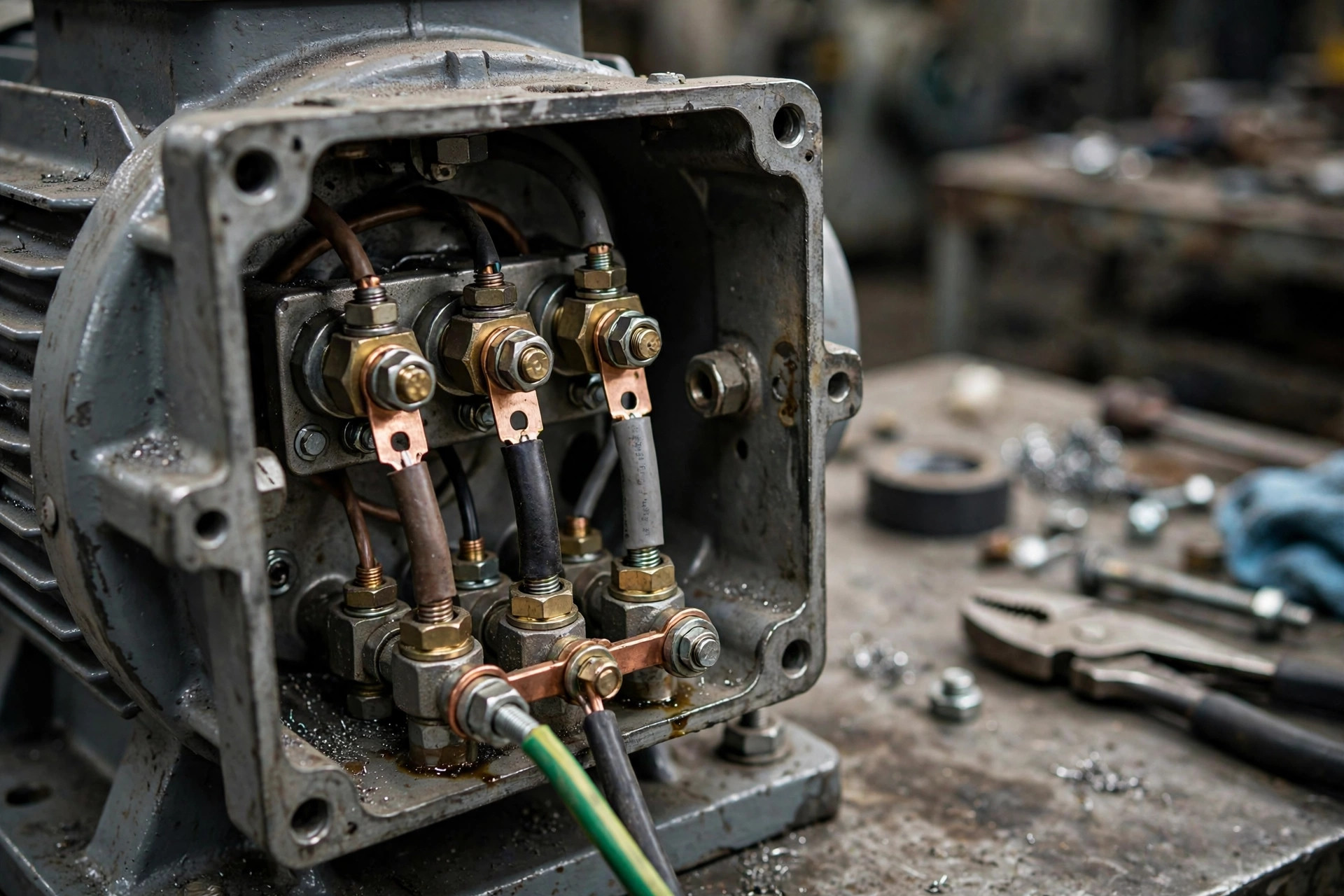 Three-phase motor terminal box and nameplate on industrial equipment